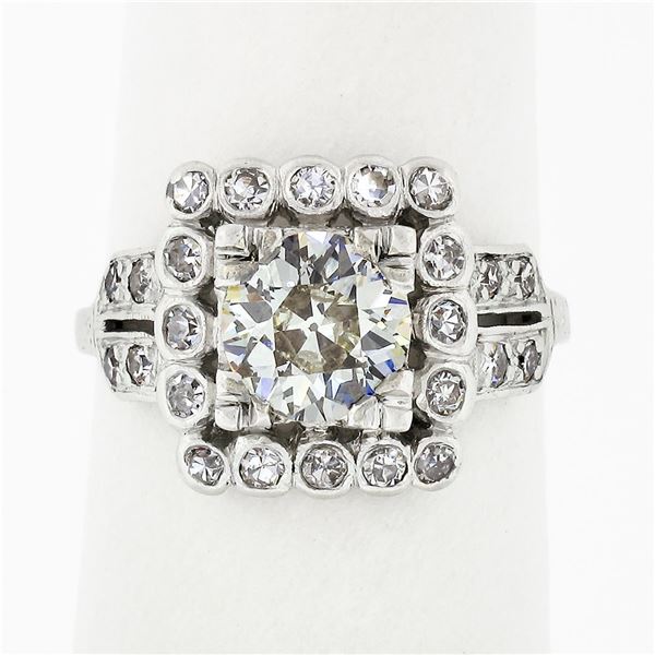 Antique Art Deco Platinum 1.74 ctw Euro Diamond Solitaire & Halo Engagement Ring