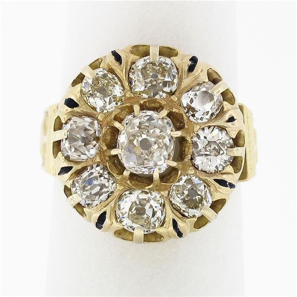 Antique Victorian 18k Gold 2.95 ctw Old Mine Cut Diamond Blue Enamel Platter Rin