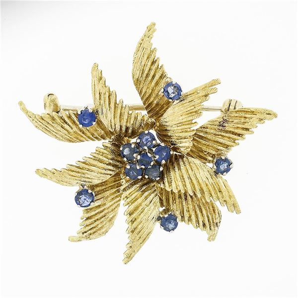 Vintage 18k Yellow Gold 0.50 ctw Sapphire Textured Grooved Swirl Flower Brooch P