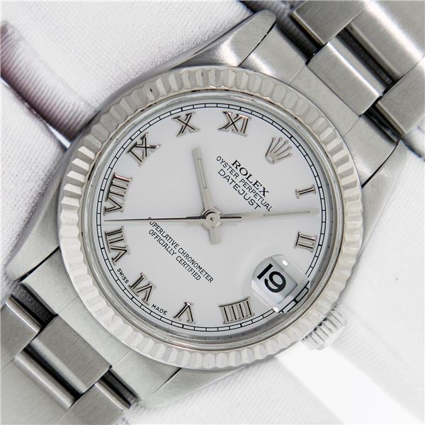 Rolex 31MM White Roman Datejust Wristwatch With Oyster Band With Box