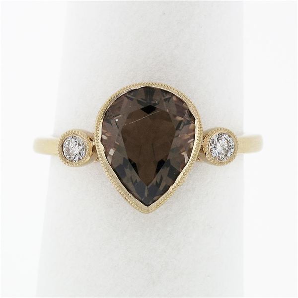 18K Rose Gold 3.36 ctw Pear Smoky Topaz Solitaire Diamond Accents Open Work Ring