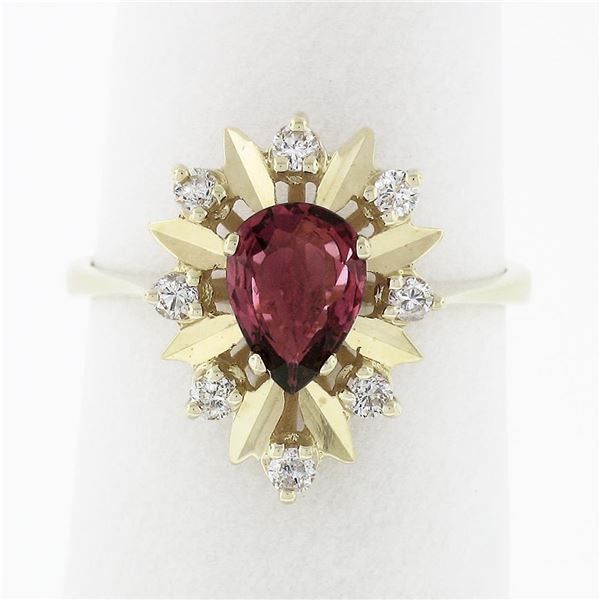Vintage 14k Gold 1.37 ctw Pear Shape Ruby W/ Diamond & Folded Work Open Halo Rin