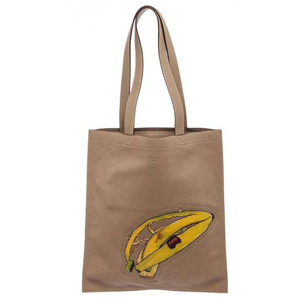 Fendi Banana Shopper Tote Beige Pebble Leather