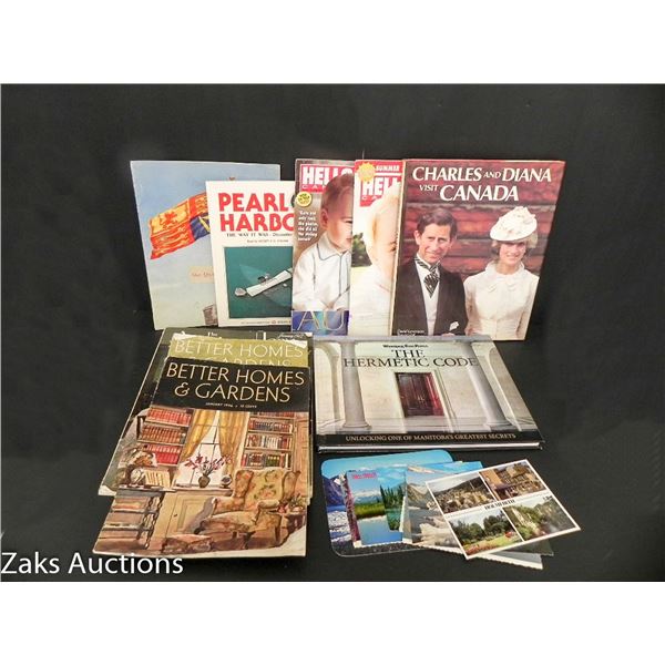 NICE LOT OF ANTIQUE AND VINTAGE BOOKS AND MAGAZINES AND POSTCARDS