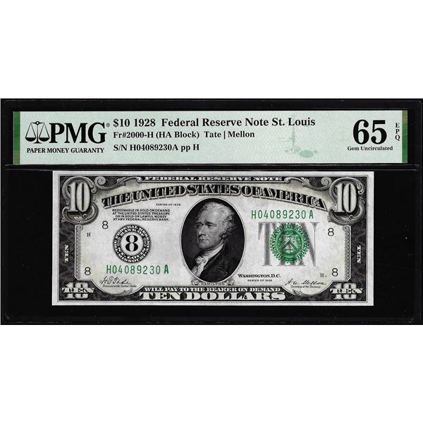 1928 $10 Federal Reserve Note St. Louis Fr.2000-H PMG Gem Uncirculated 65EPQ
