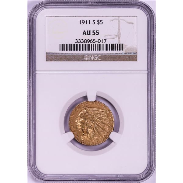 1911-S $5 Indian Head Half Eagle Gold Coin NGC AU55
