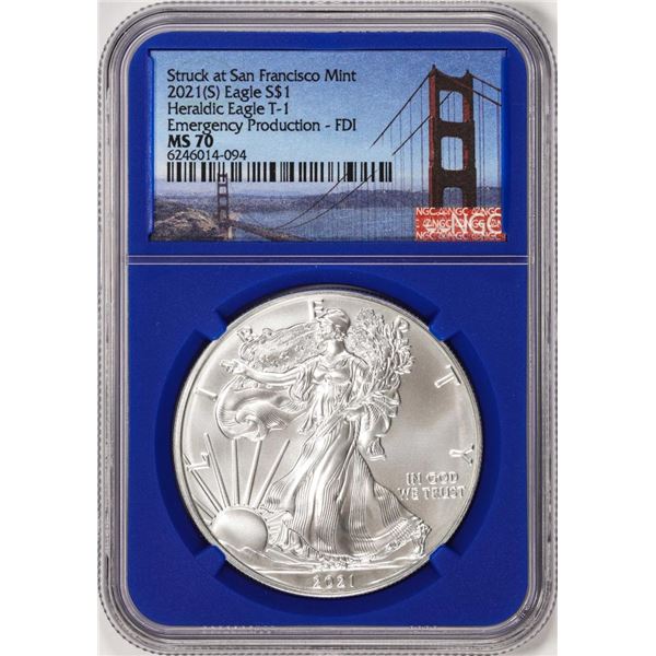2021(S) Type 1 $1 American Silver Eagle Coin NGC MS70 FDI San Francisco Blue Core