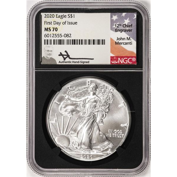 2020 $1 American Silver Eagle Coin NGC MS70 First Day of Issue Mercanti Signature