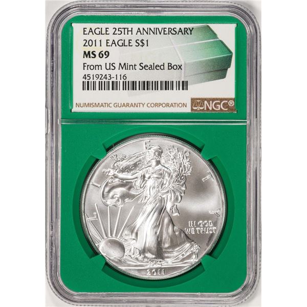 2011 $1 American Silver Eagle Coin NGC MS69 Green Core 25th Anniversary