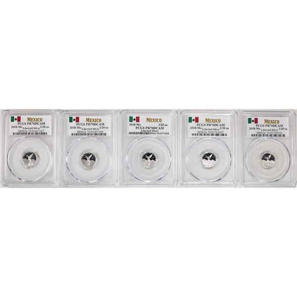 Lot of (5) 2018-Mo Mexico Proof 1/20 oz Silver Libertad Coins PCGS PR70DCAM