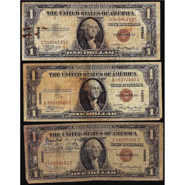 Lot of (3) 1935A $1 Hawaii WWII Emergency Issue Silver Certificate Notes