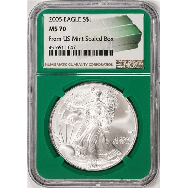 2005 $1 American Silver Eagle Coin NGC MS70 From US Mint Sealed Box Green Core