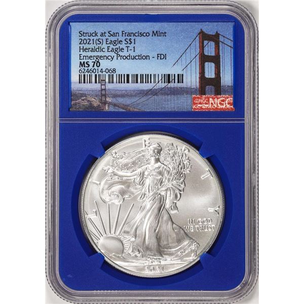 2021(S) Type 1 $1 American Silver Eagle Coin NGC MS70 FDI San Francisco Blue Core