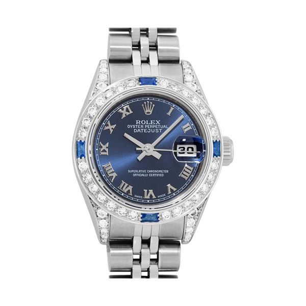 Rolex Ladies Stainless Steel Sapphire and Diamond Datejust Wristwatch