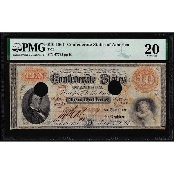 1861 $10 Confederate States of America Note T-24 PMG Very Fine 20 Hole Canceled