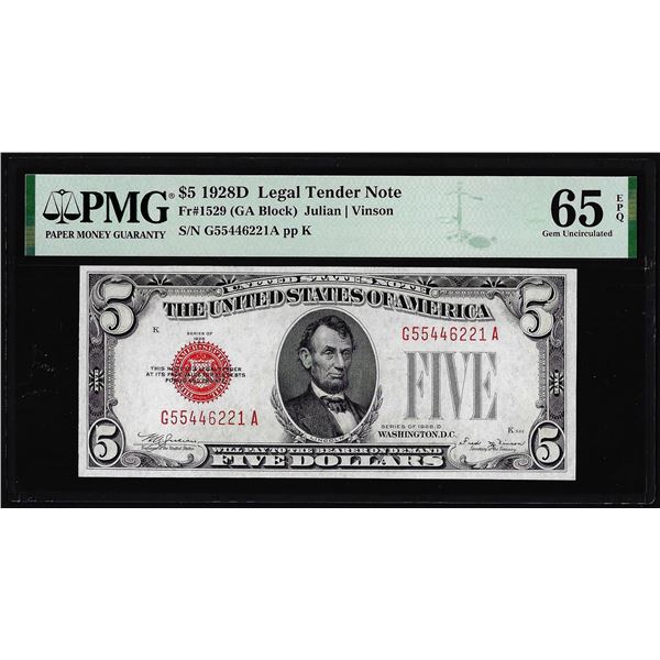 1928D $5 Legal Tender Note Fr.1529 PMG Gem Uncirculated 65EPQ