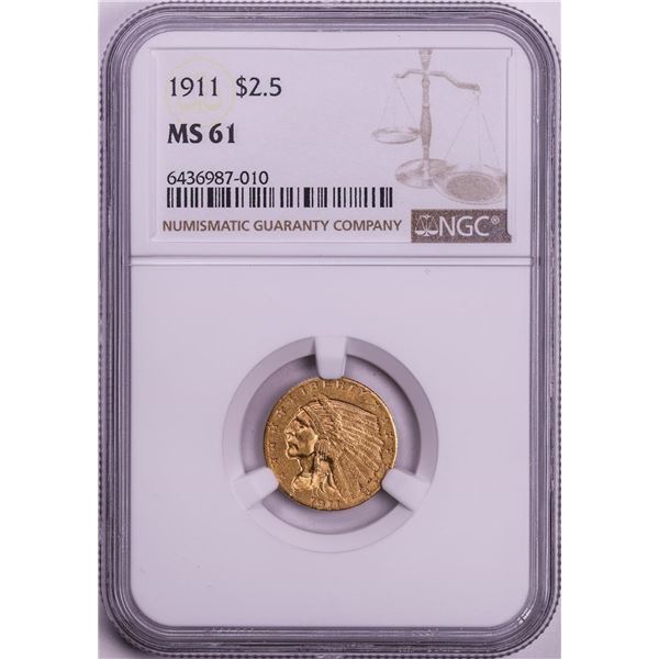 1911 $2 1/2 Indian Head Quarter Eagle Gold Coin NGC MS61