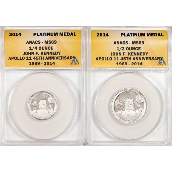 Set of 2014 Proof 1/4 oz & 1/2 oz Platinum JFK Apollo 11 Anniversary Medal ANACS MS69