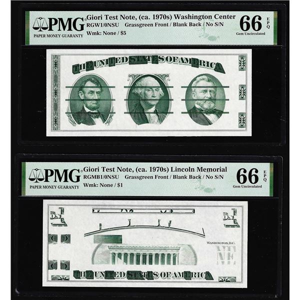 Set of Giori Test Note Washington & Lincoln Memorial PMG Gem Uncirculated 66EPQ