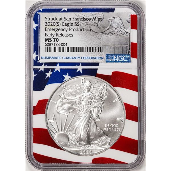 2020(S) $1 American Silver Eagle Coin NGC MS70 Early Releases Mint Flag Core