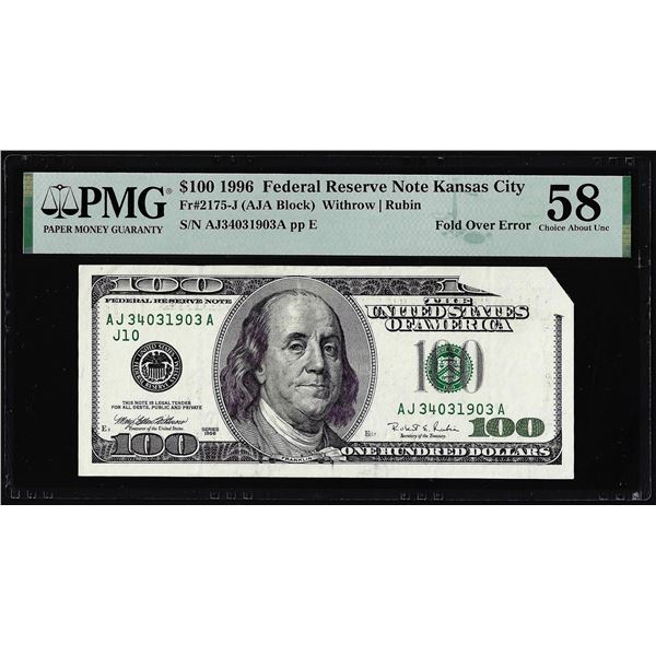 1996 $100 Federal Reserve Fold Over Error Note Fr.2175-J PMG Choice About Unc 58