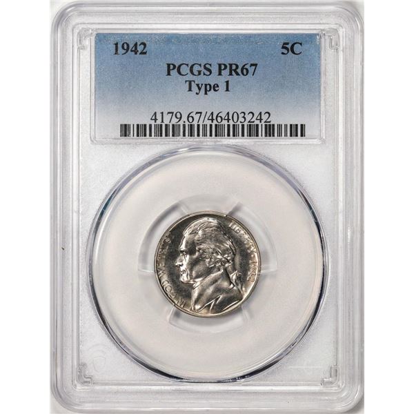 1942 Type 1 Proof Jefferson Nickel Coin PCGS PR67