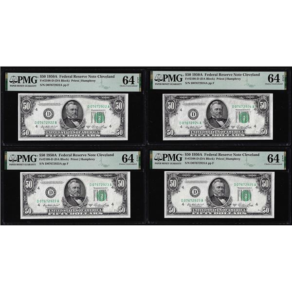 (4) Consecutive 1950A $50 Federal Reserve Notes Fr.2108-D PMG Ch. Uncirculated 64EPQ