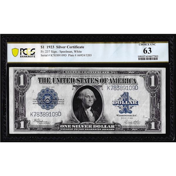 1923 $1 Silver Certificate Note Fr.237 PCGS Choice Uncirculated 63