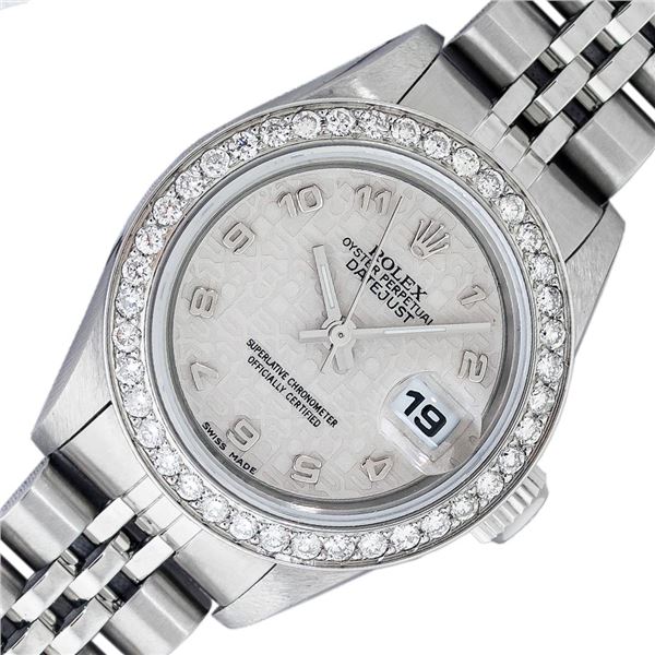 Rolex Ladies Stainless Steel Cream Arabic Diamond Datjust Wristwatch