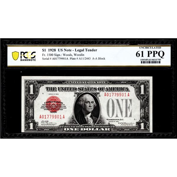 1928 $1 US Legal Tender Note Fr.1500 PCGS Uncirculated 61PPQ