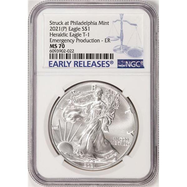 2021-(P) Type 1 $1 Heraldic American Silver Eagle Coin NGC MS70 Philadelphia Mint ER