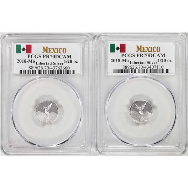 Lot of (2) 2018-Mo Mexico Proof 1/20 oz Silver Libertad Coins PCGS PR70DCAM