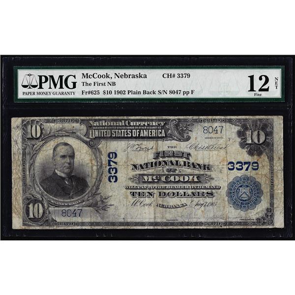 1902 $10 First NB of McCook, Nebraska CH# 3379 National Currency Note PMG Fine 12 Net