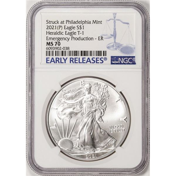 2021-(P) Type 1 $1 Heraldic American Silver Eagle Coin NGC MS70 Philadelphia Mint ER