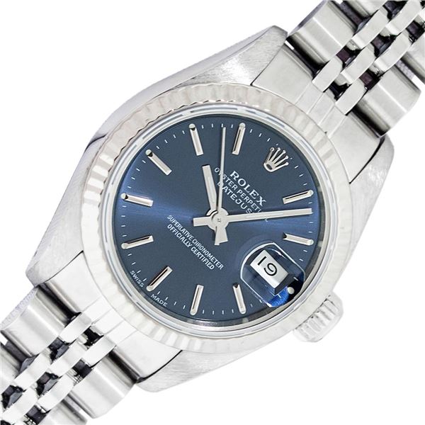 Rolex Ladies Stainless Steel Factory Blue Index Datejust Wristwatch