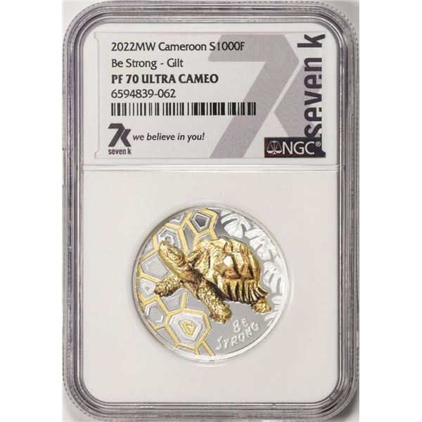 2022MW Cameroon 1000 Francs Proof Be Strong-Gilt Silver Coin NGC PF70 Ultra Cameo