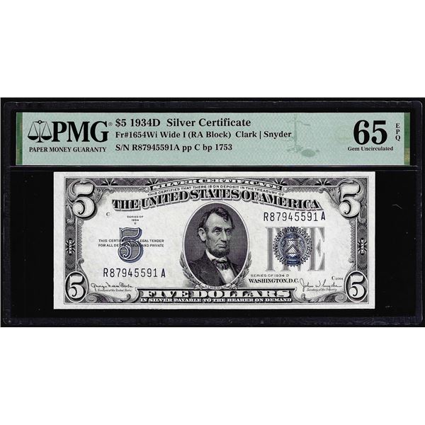 1934D $5 Silver Certificate Note Fr.1654Wi Wide I PMG Gem Uncirculated 65EPQ