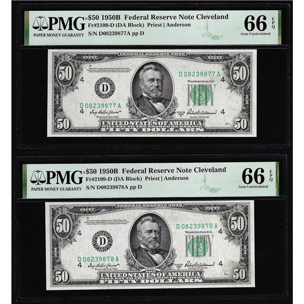 (2) Consecutive 1950B $50 Federal Reserve Notes Fr.2109-D PMG Gem Uncirculated 66EPQ