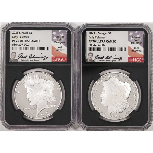 2023-S $1 Proof Morgan & Peace Silver Dollar Set NGC PF70 Ultra Cameo ER Iskowitz Sig