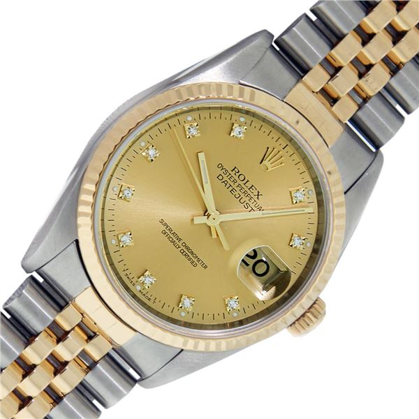 Rolex Mens Two Tone Factory VVS Champagne Diamond Datejust Wristwatch