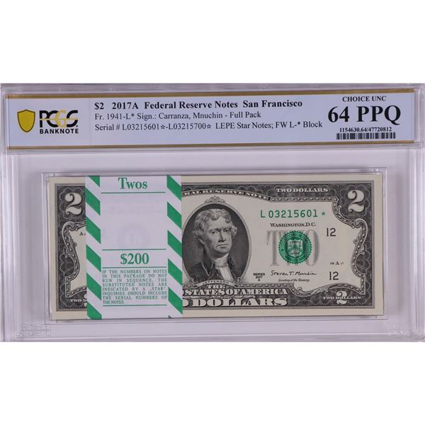 Pack 2017A $2 Federal Reserve STAR Notes SF Fr.1941-L* PCGS Choice Uncirculated 64PPQ