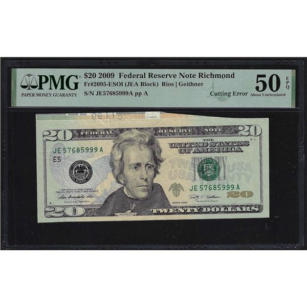 2009 $20 Federal Reserve Cutting Error Note Fr.2095-E PMG About Uncirculated 50EPQ