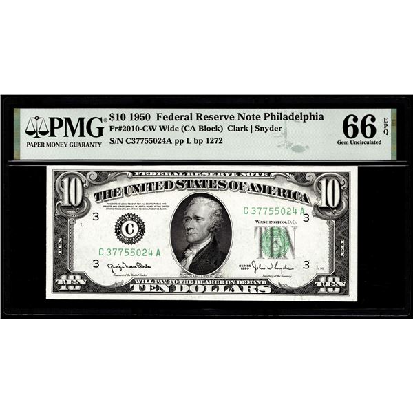 1950 $10 Federal Reserve Note Philadelphia Fr.2010-CW Wide PMG Gem Uncirculated 66EPQ