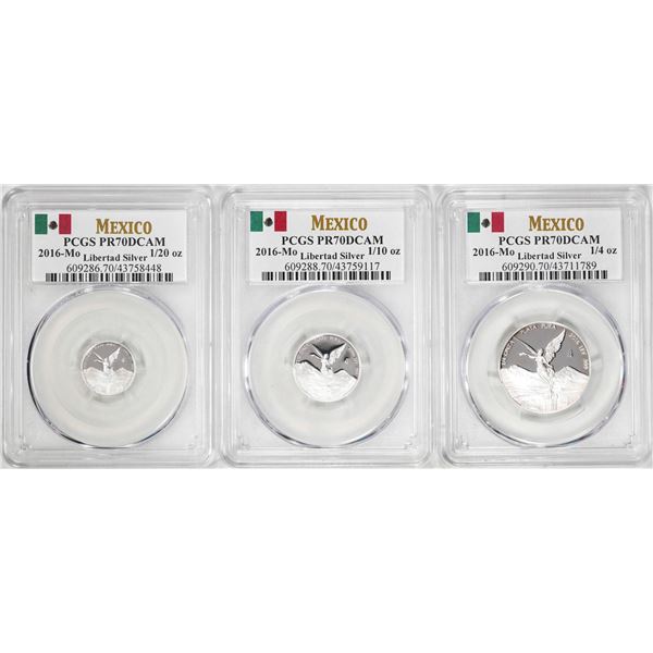 Lot of 2016-Mo Mexico Proof 1/20, 1/10 and 1/4 oz Silver Libertad Coins PCGS PR69DCAM