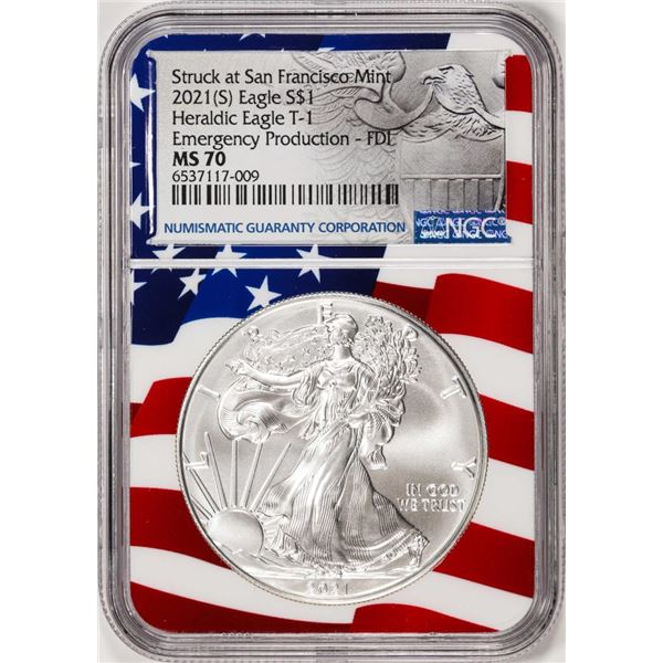 2021(S) Type 1 $1 American Silver Eagle Coin NGC MS70 FDI San Francisco Flag Core