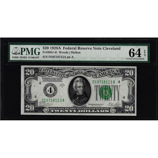 1928A $20 Federal Reserve Note Cleveland Fr.2051-D PMG Choice Uncirculated 64EPQ