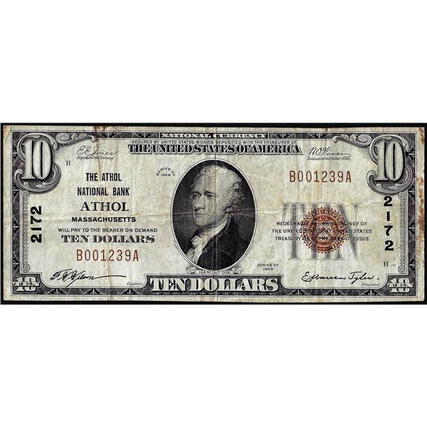 1929 $10 The Athol National Bank Athol, MA CH# 2172 National Currency Note