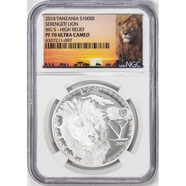 2014 Tanzania 1000 Shillings Serengeti Lion Big 5 HR Silver Coin NGC PF70 Ultra Cameo