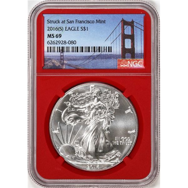 2016-(S) $1 American Silver Eagle Coin NGC MS69 Struck at San Francisco Red Core