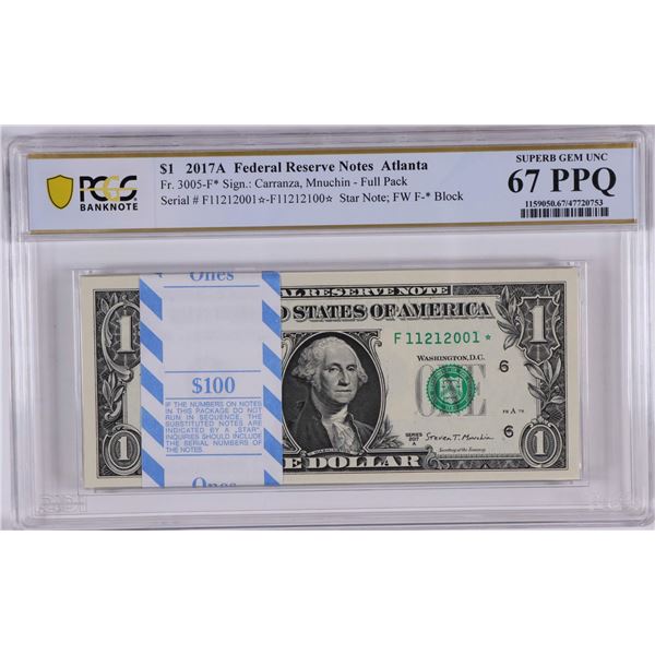 Pack 2017A $1 Federal Reserve STAR Notes Atlanta Fr.3005-F* PCGS Superb Gem UNC 67PPQ